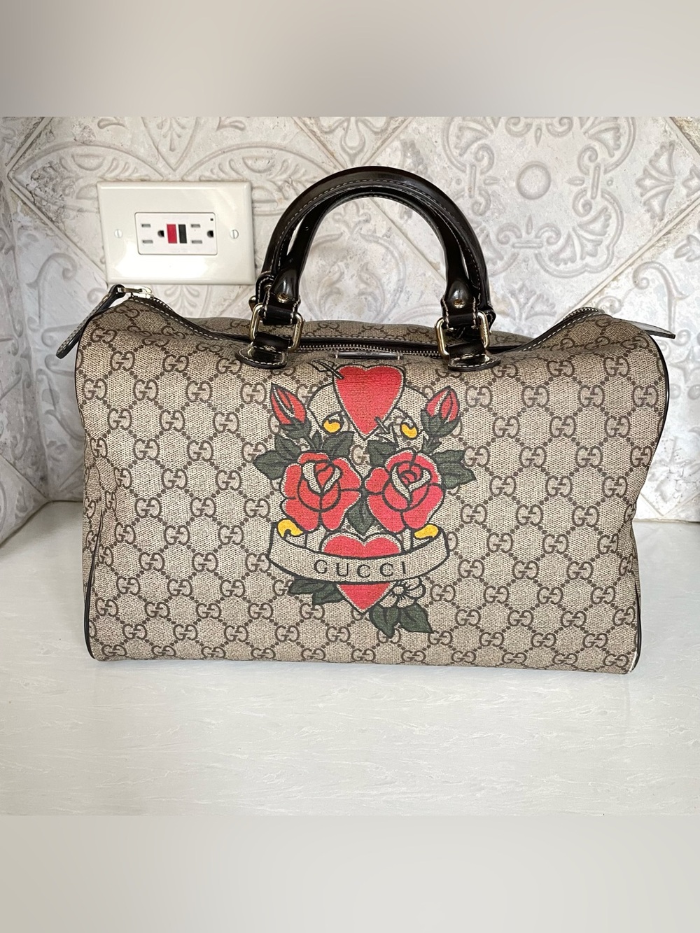 Gucci Medium Joy Boston Bag - Coated Canvas - Heart Rose Tattoo Print- Supreme